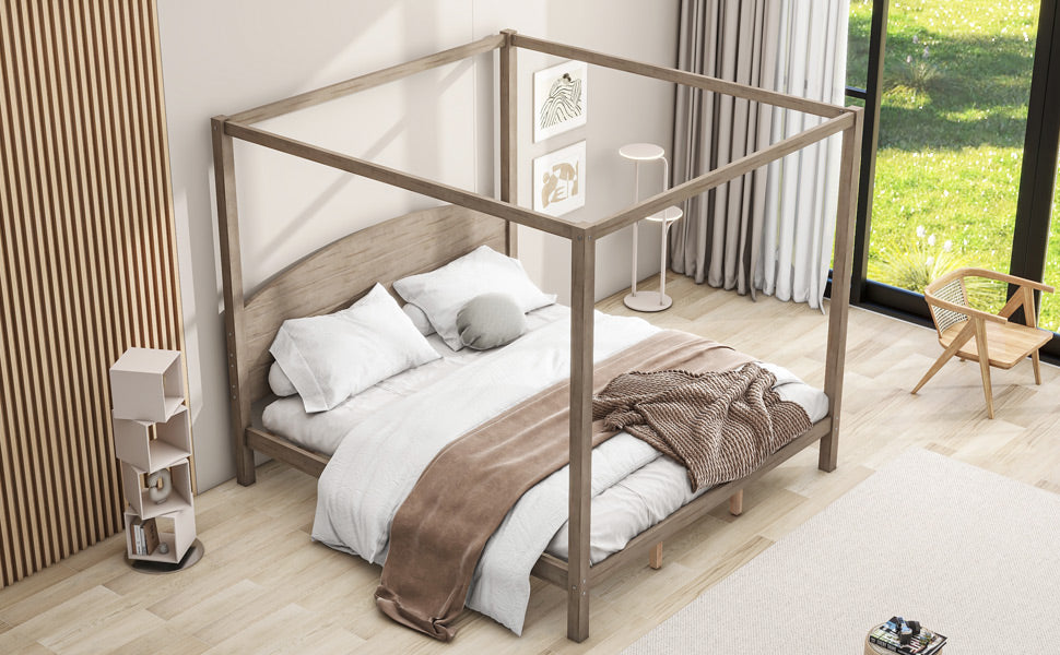 King size canopy platform bed with brown wash finish, featuring a headboard and support legs from American Smart EP.