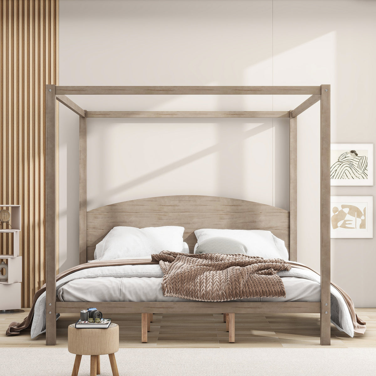 Brown wash king size canopy platform bed with headboard and support legs from American Smart EP