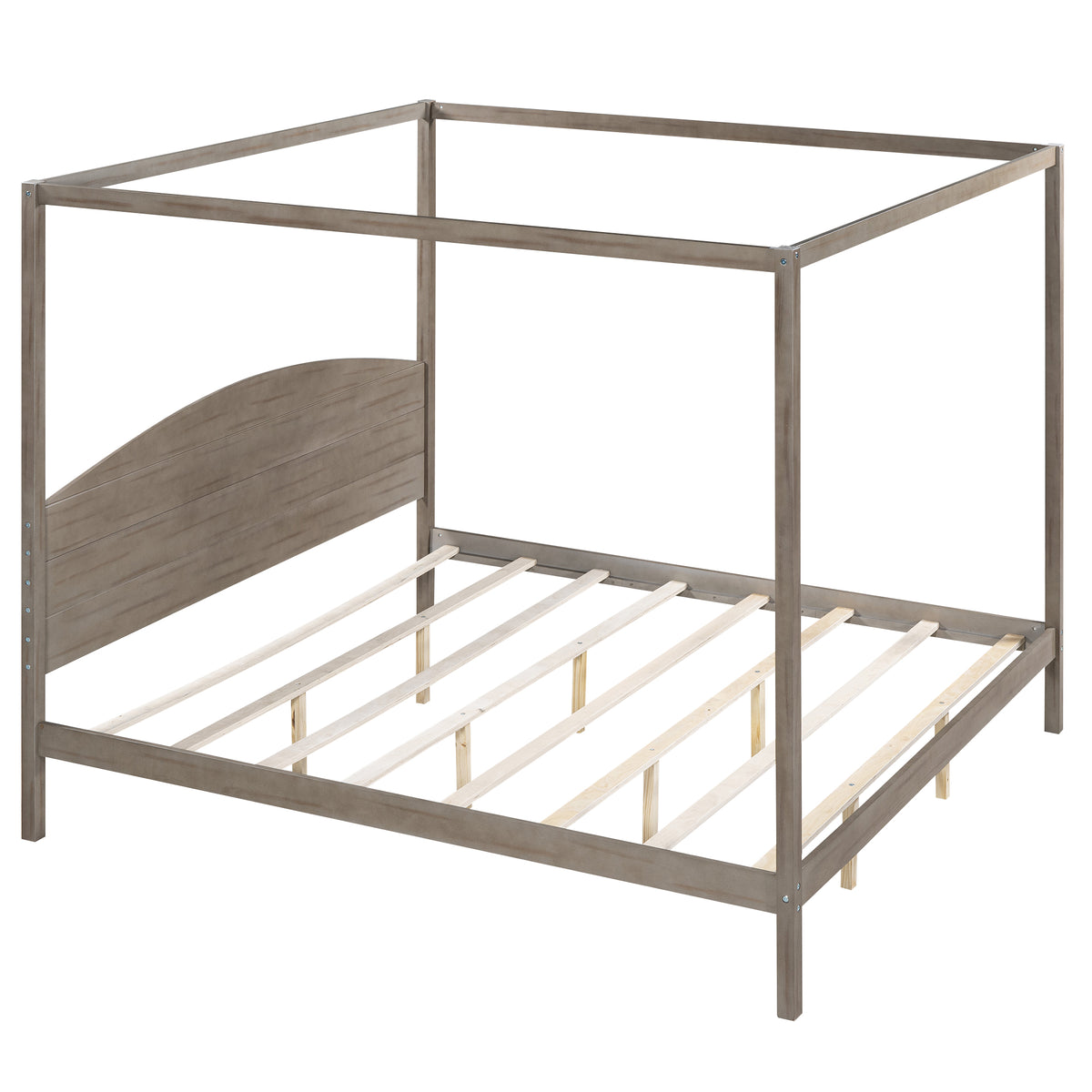 Brown wash king size canopy platform bed with headboard and support legs, American Smart EP bedroom furniture.
