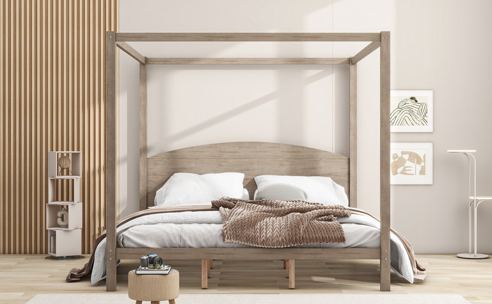 King size American Smart canopy platform bed with headboard and support legs in brown wash finish, showcasing the sturdy design and rich wood tone.