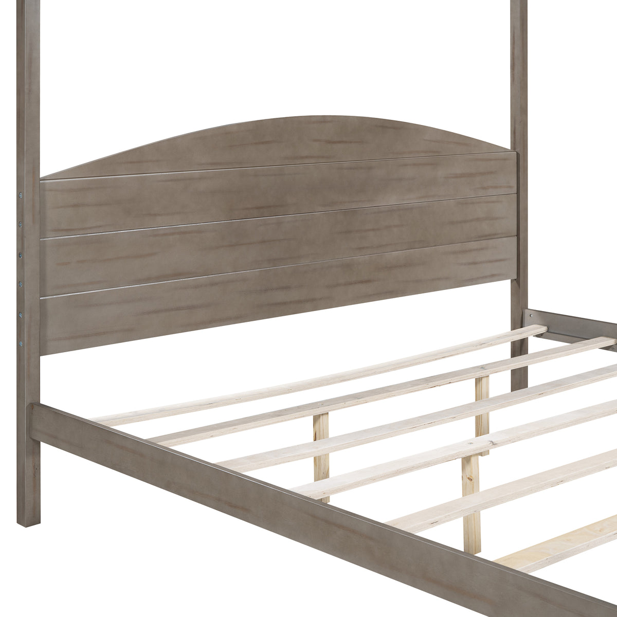 King size American Smart EP canopy platform bed with headboard and support legs in a brown wash finish.