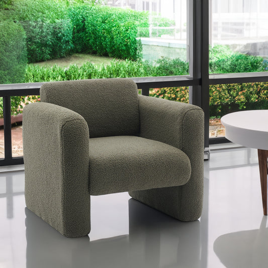Seaweed green modern armchair with sheepskin Sherpa cushion, soft backrest, and pillow, by American Smart - EP.