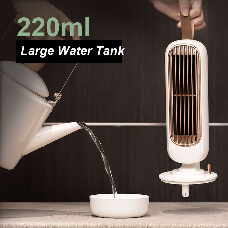 Mini portable air conditioner by American Smart EP with humidifier and purifier features, USB-powered desktop air cooler with water tank