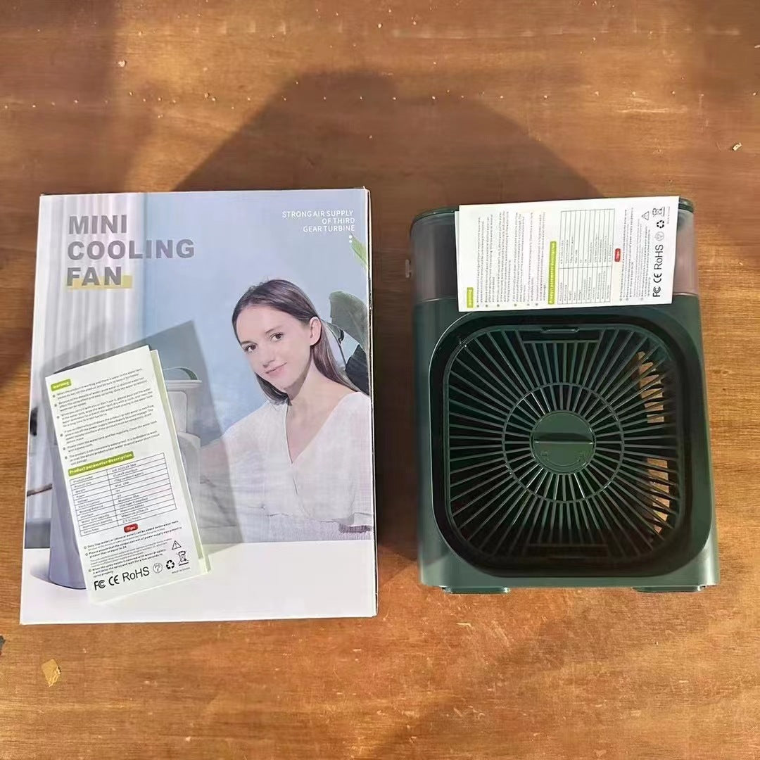 Portable 3 in 1 ice mist air cooler by American Smart EP, showing compact design with mist spray and cooling vents.