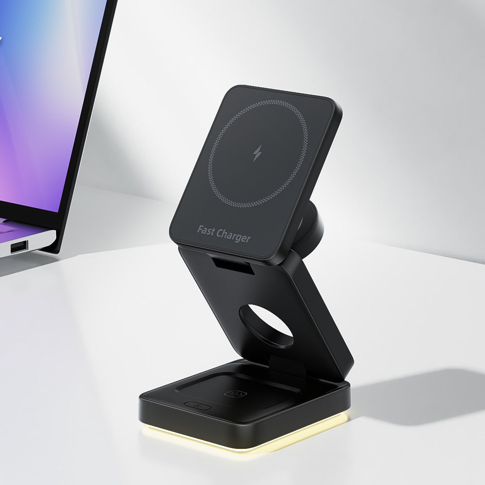 American Smart EP 3-in-1 wireless magnetic foldable charger for iPhone, power adapter, stand, and holder in sleek design.