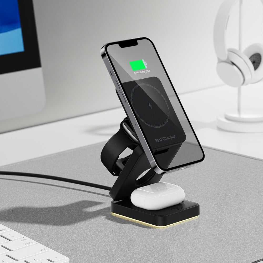 Magnetic 3-in-1 wireless charger by American Smart EP, foldable stand with iPhone charging pad and power adapter for convenient charging.