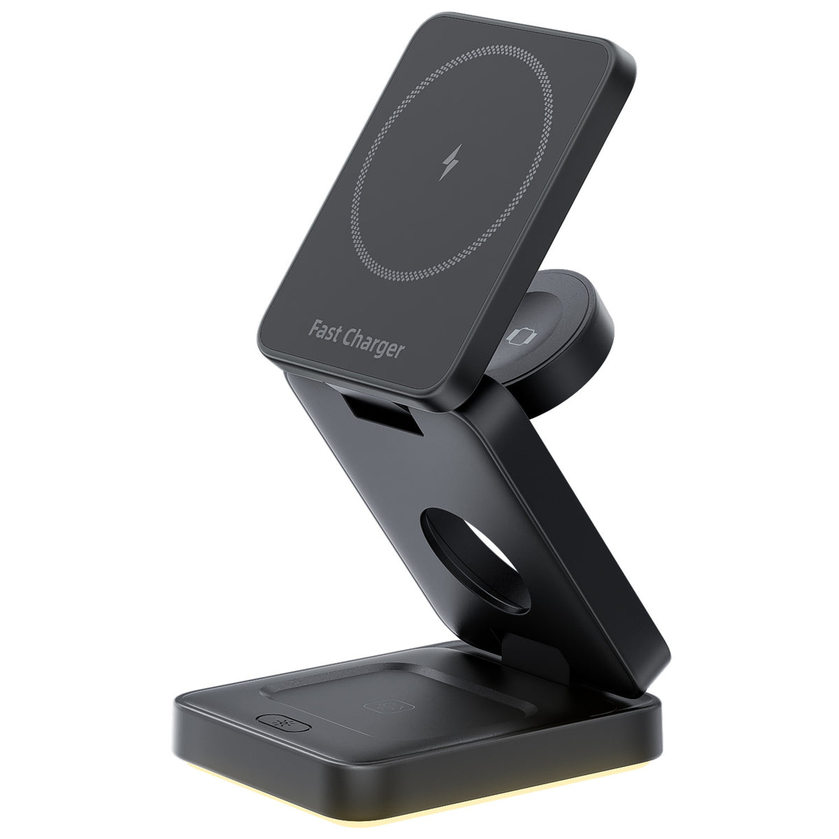 Magnetic 3-in-1 wireless charger for iPhone, foldable stand, and holder by American Smart - EP, with power adapter visible