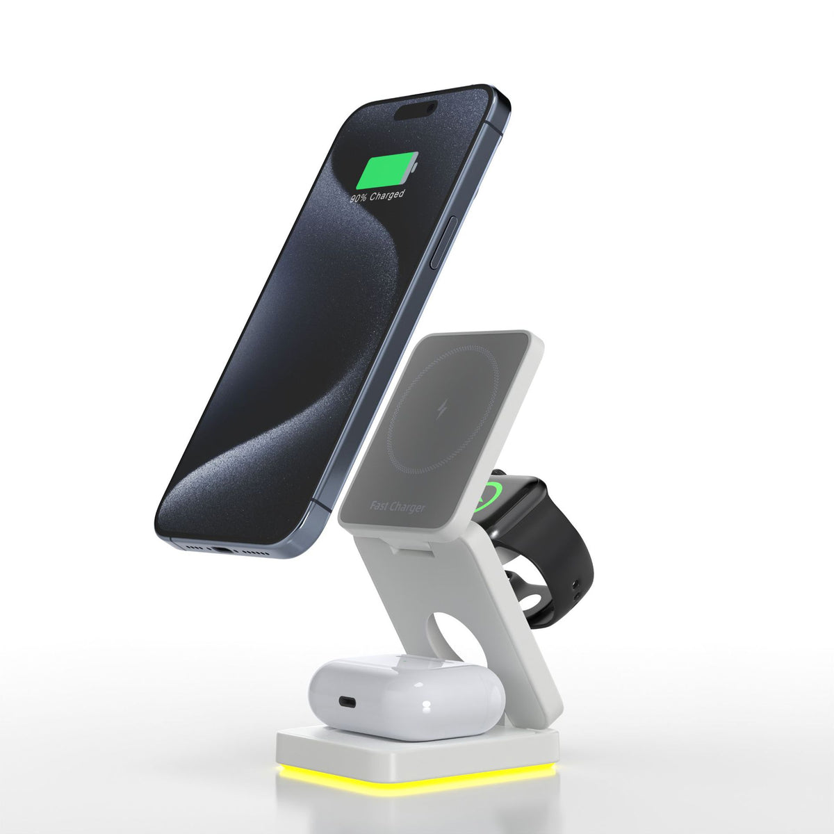 Magnetic 3-in-1 wireless charger for iPhone, foldable stand, and holder by American Smart - EP, with power adapter for convenient charging.