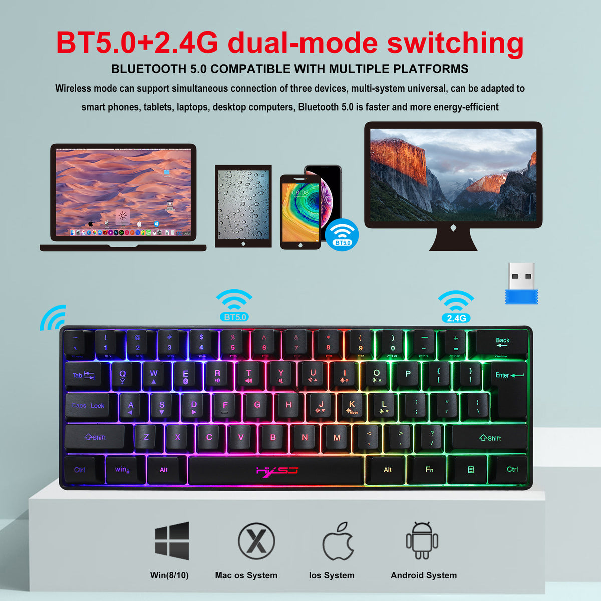 American Smart EP 61-key Bluetooth wireless keyboard with RGB backlight, mini keypad, suitable for tablets and phones.