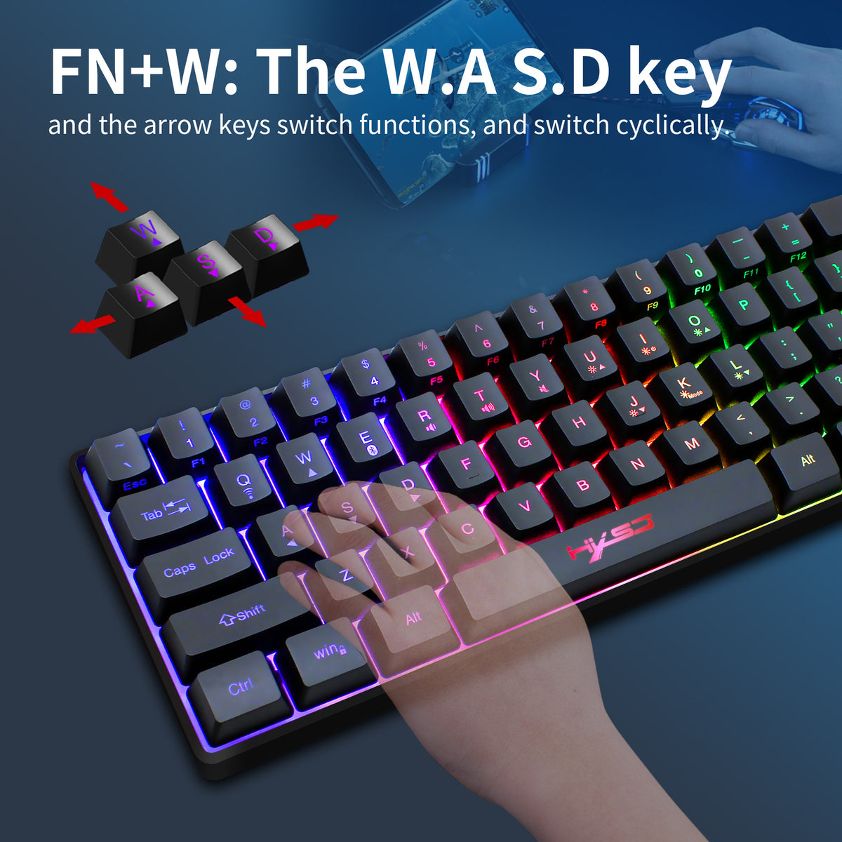 American Smart EP 61-key Bluetooth wireless keyboard with RGB backlight, compact mini keypad for tablets and phones.