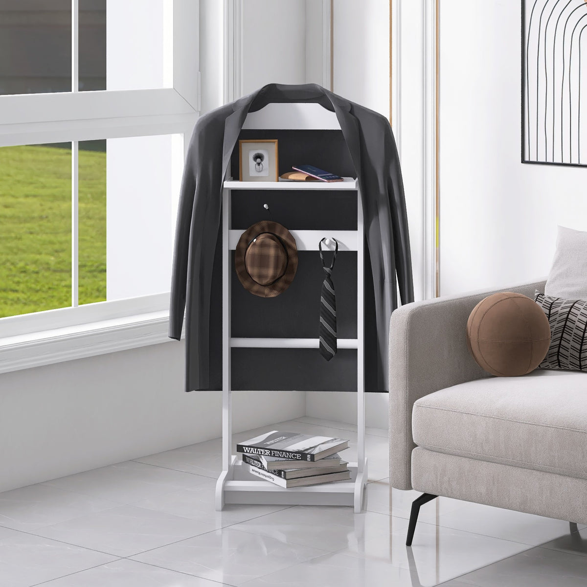 Accent Portable Garment Rack,Clothes Valet Stand with Storage Organizer,White Finish - American Smart