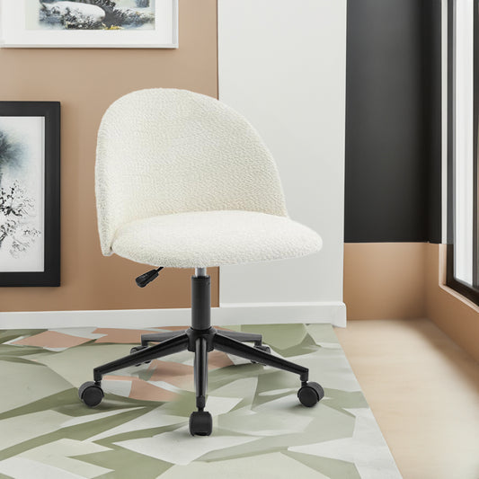 White velvet fabric office chair with black legs, cushioned mid-back design, adjustable height, rotating wheels, American Smart EP