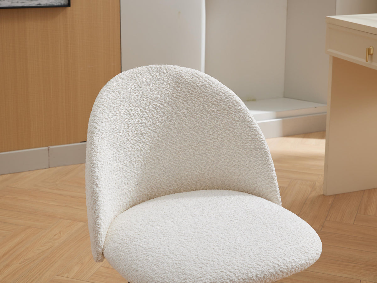 White velvet fabric office chair with black legs, cushioned mid-back design, adjustable height, rotating, on wheels from American Smart EP.