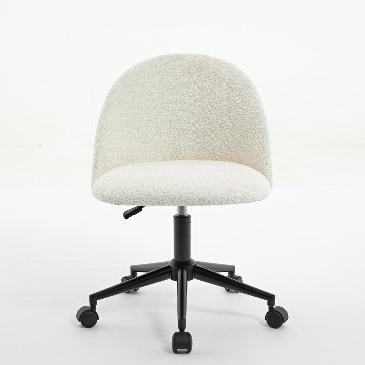 White velvet fabric office chair with black legs, cushioned seat, mid-back support, adjustable height, and swivel wheels.