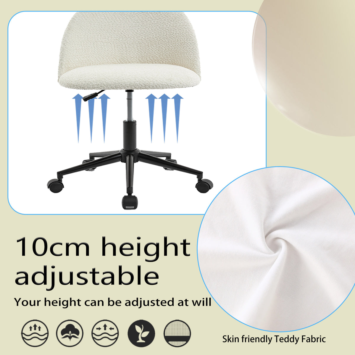 Black velvet fabric office chair with cushioned seat, white frame, black legs, adjustable height, wheels, mid-back, rotating ergonomic design.