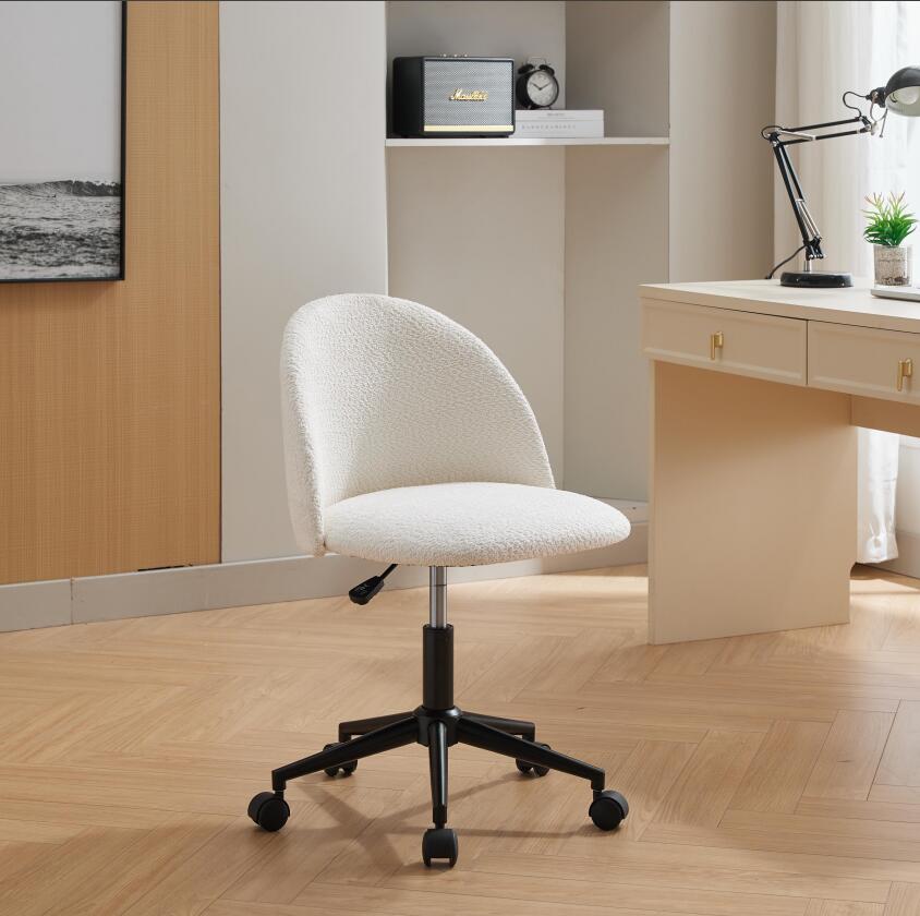 White velvet fabric office chair with black legs, cushioned seat, mid-back, adjustable height, and wheels by American Smart EP.