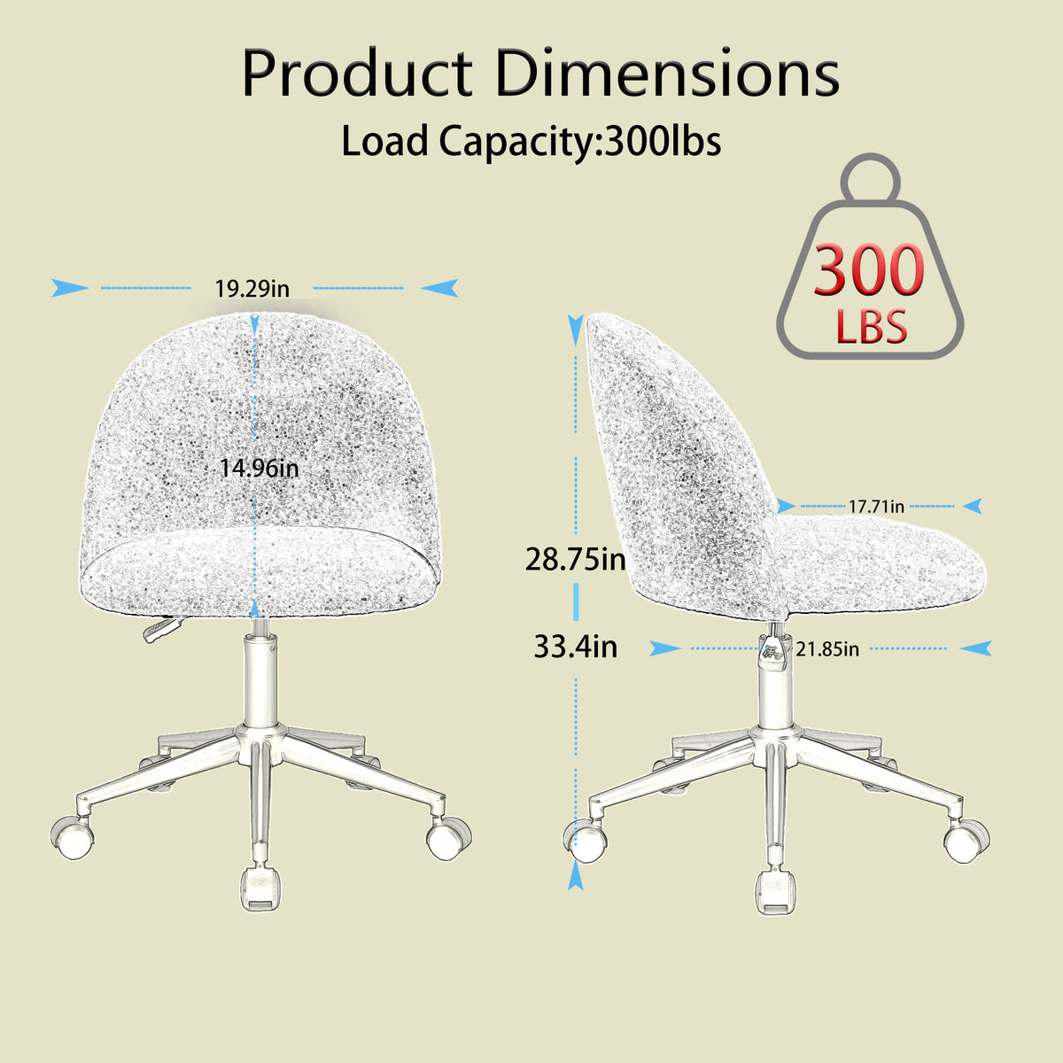 White velvet fabric office chair by American Smart with mid back, adjustable height, cushioned seat, wheels, and black legs.