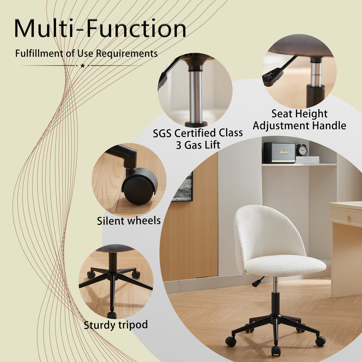 White velvet fabric office chair with black legs, cushioned seat, adjustable height, swivel base, and wheels by American Smart EP.