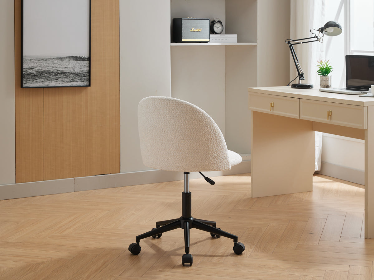 White velvet fabric office chair with black legs, cushioned seat, mid back support, adjustable height, and rotating wheels.