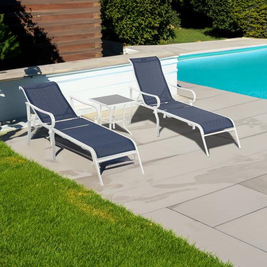 American Smart EP 3-piece outdoor terrace lounge chair set with white and blue cushions, adjustable backrests and sturdy steel frames.