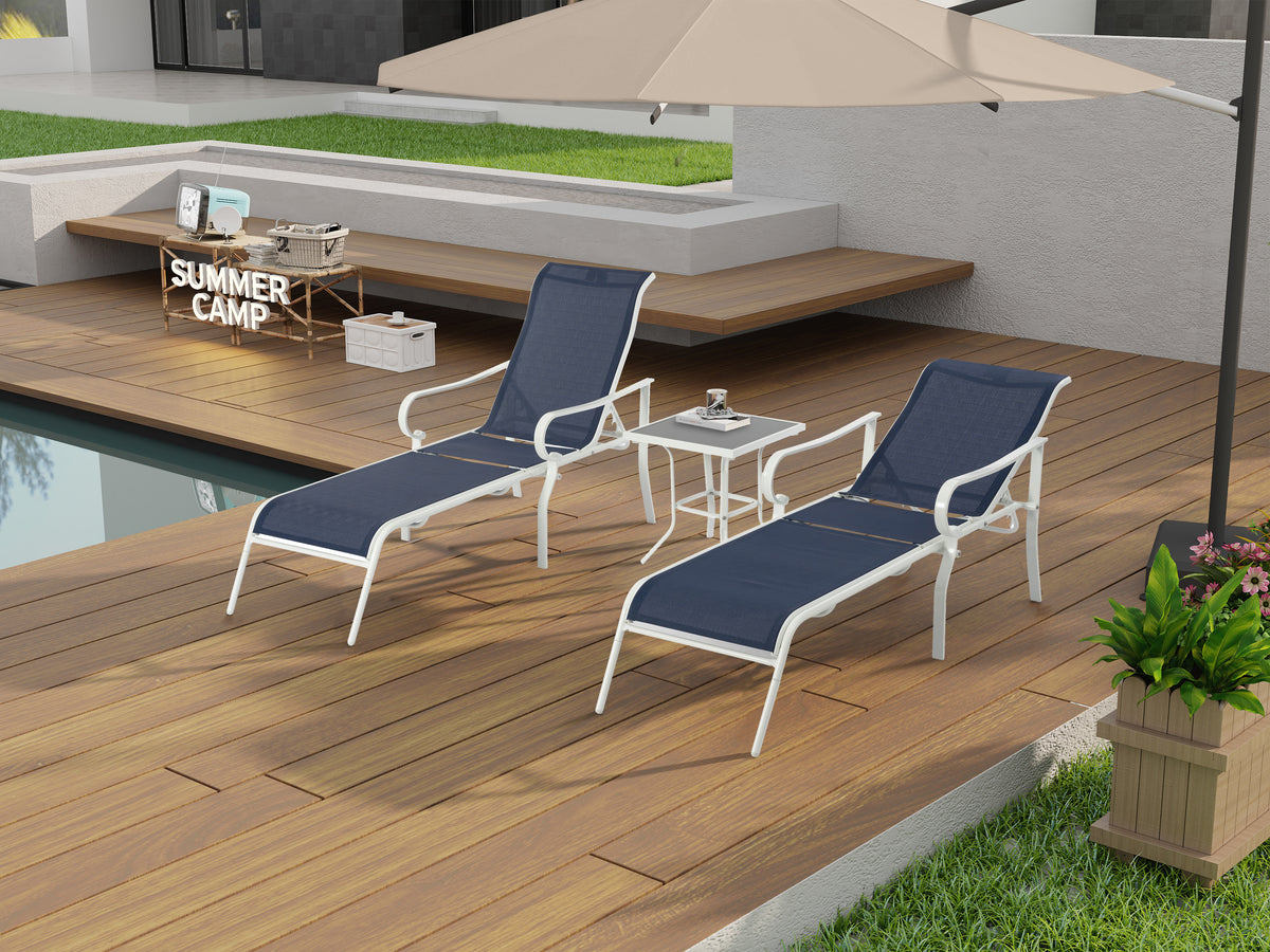 Outdoor 3-piece terrace lounge chair set by American Smart with white and blue cushions, adjustable backrests, and sturdy steel frames.