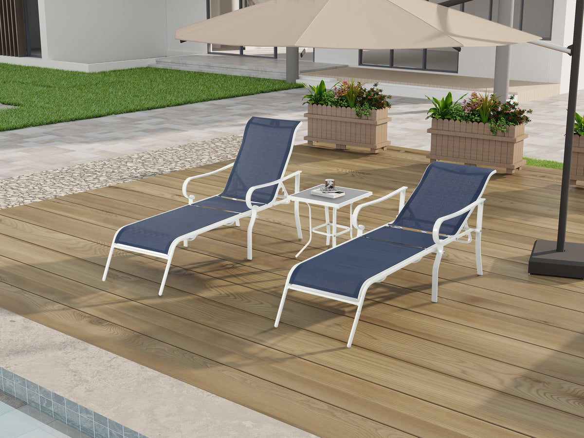 Outdoor 3-piece terrace lounge chair set by American Smart with adjustable backrests and sturdy steel frames in white and blue.