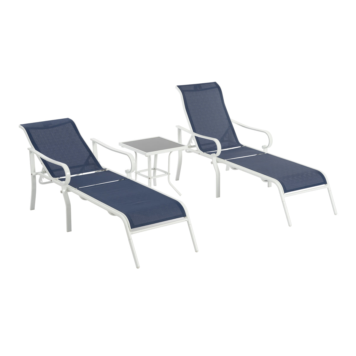 White and blue 3-piece outdoor terrace lounge chair set with adjustable backrests and sturdy steel frames by American Smart EP.