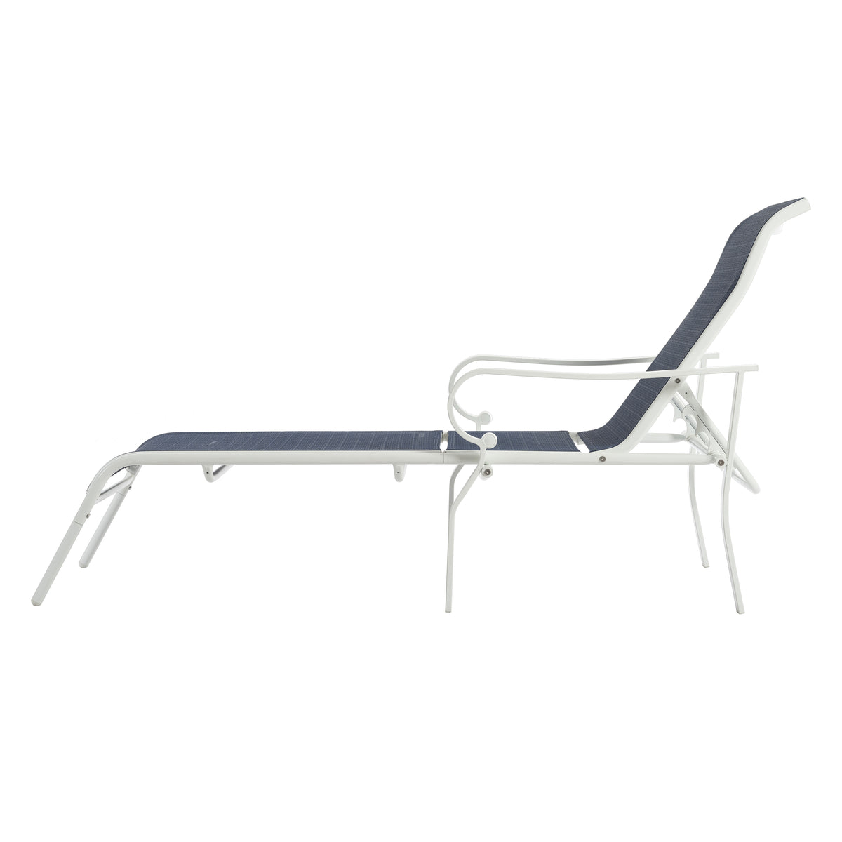 Outdoor 3-piece terrace lounge chair set by American Smart EP with white and blue cushions, adjustable backrests, sturdy steel frame