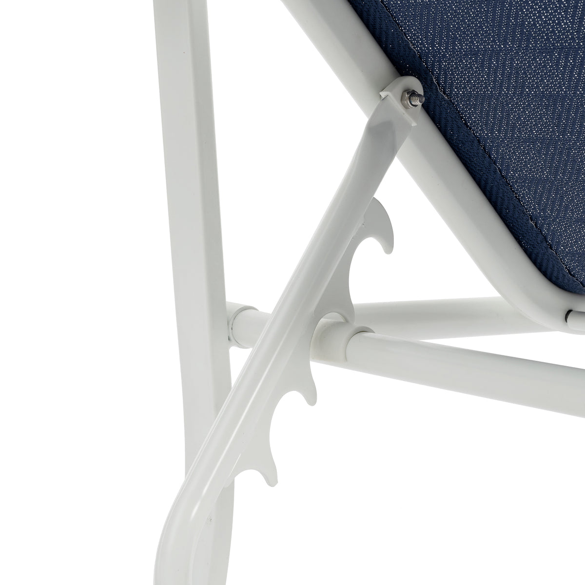 Outdoor 3-piece lounge chair set by American Smart EP with adjustable backs, sturdy steel frame, white and blue cushions.