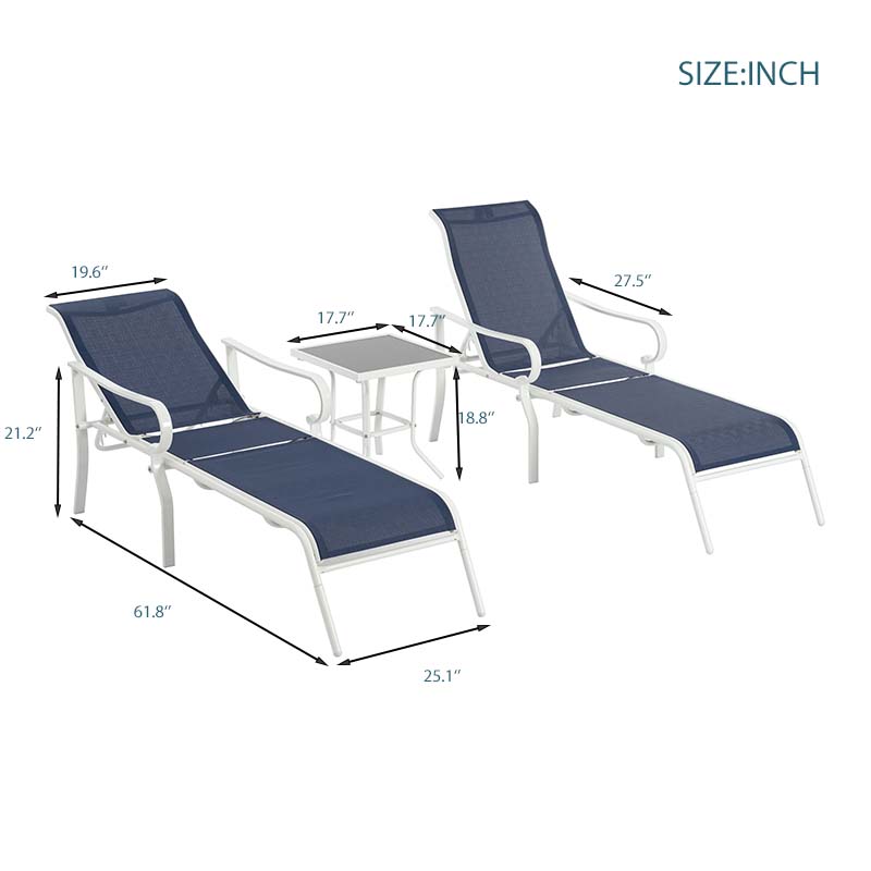 American Smart EP 3-piece outdoor terrace lounge chair set with white and blue fabric, adjustable backrests and sturdy steel frames.