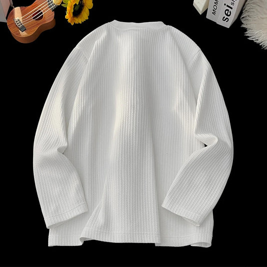 Textured White Long Sleeve T-Shirt for Men, Autumn Casual Youth Oversize Innerwear Crew Neck Top