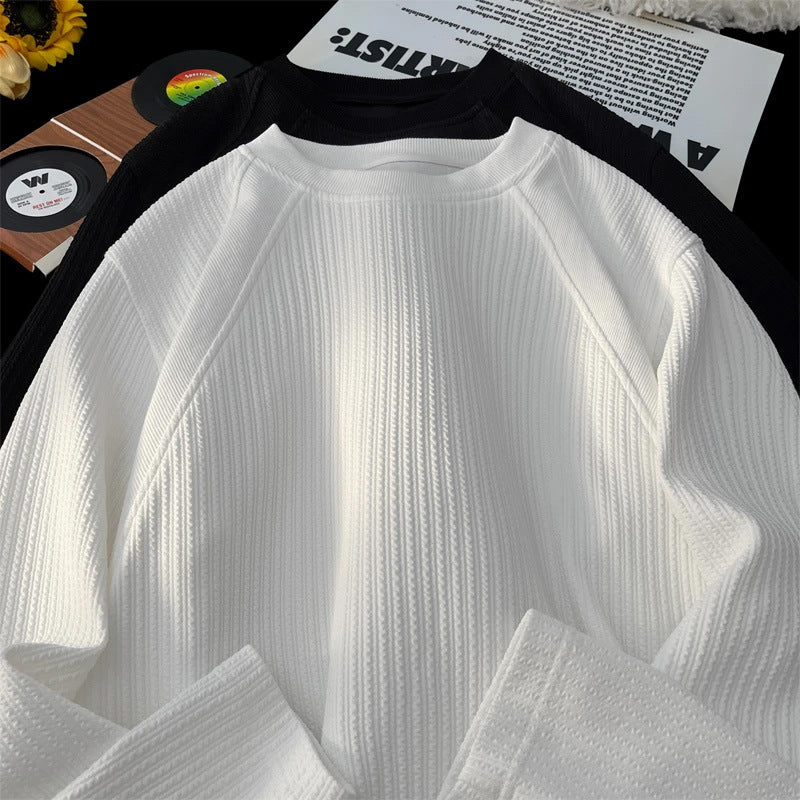 Textured White Long Sleeve T-Shirt for Men, Autumn Casual Youth Oversize Innerwear Crew Neck Top