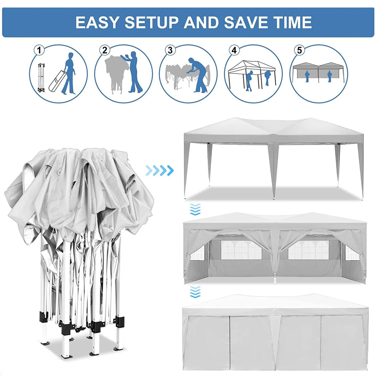 White 10x20 ft folding canopy with six detachable side walls by American Smart EP, outdoor activity shelter with UPF 50+ protection.