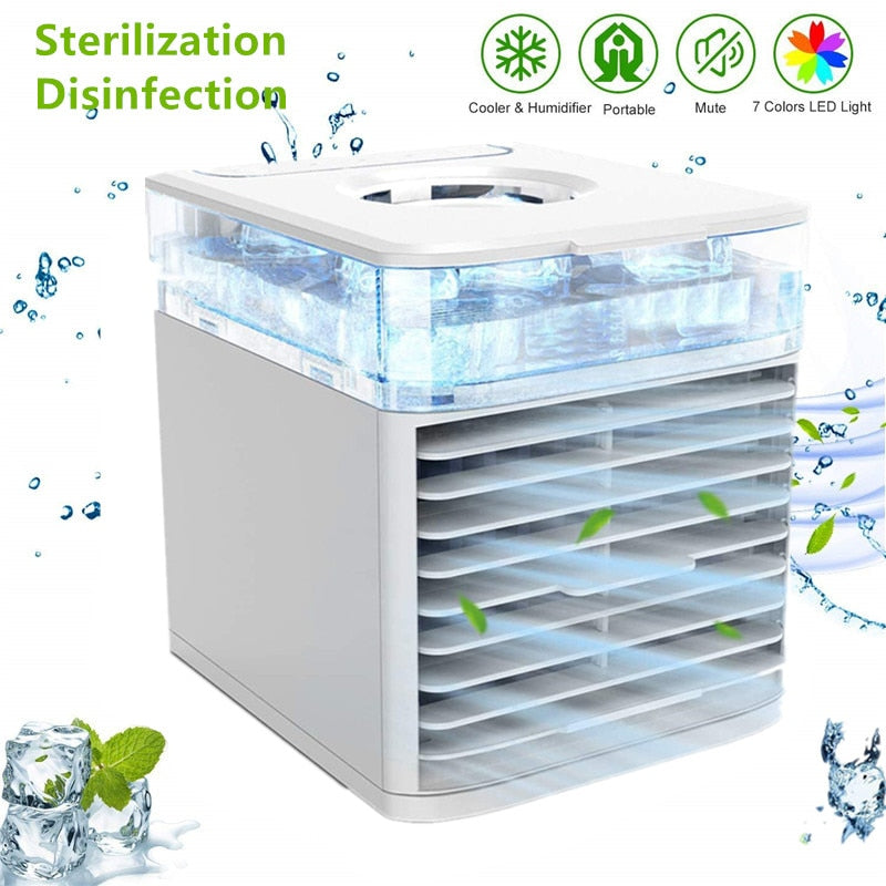 Portable mini air conditioner and cooler fan by American Smart, featuring 7 color LED lights and USB power for personal cooling.