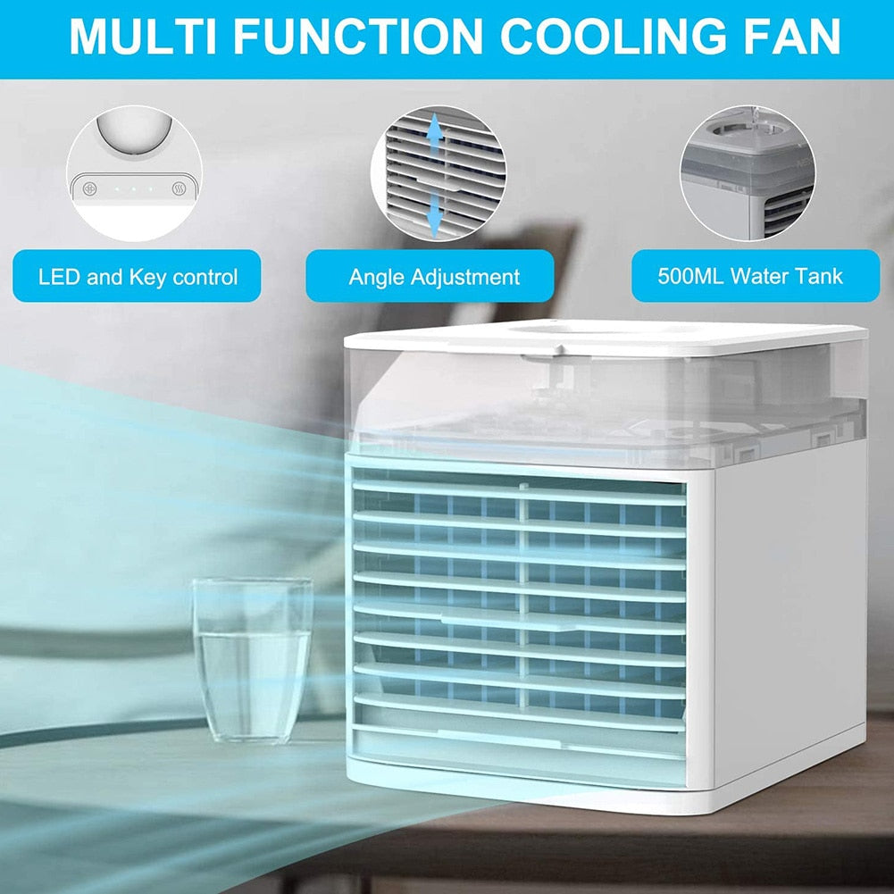 American Smart mini air conditioner and cooler fan with 7 color lights, portable USB design, sterilization, and air cooling features.