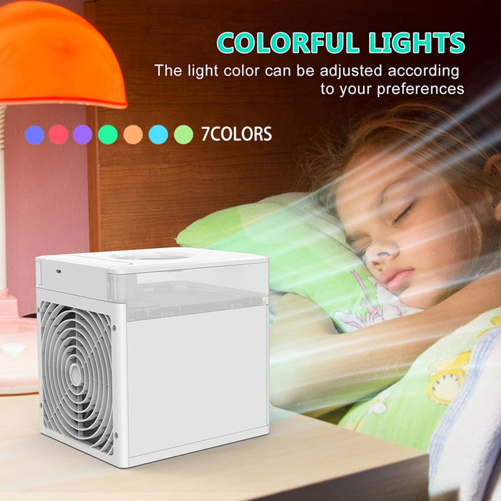 Portable mini air conditioner fan by American Smart with 7 color LED lights, USB powered, sterilization, and air cooling features.