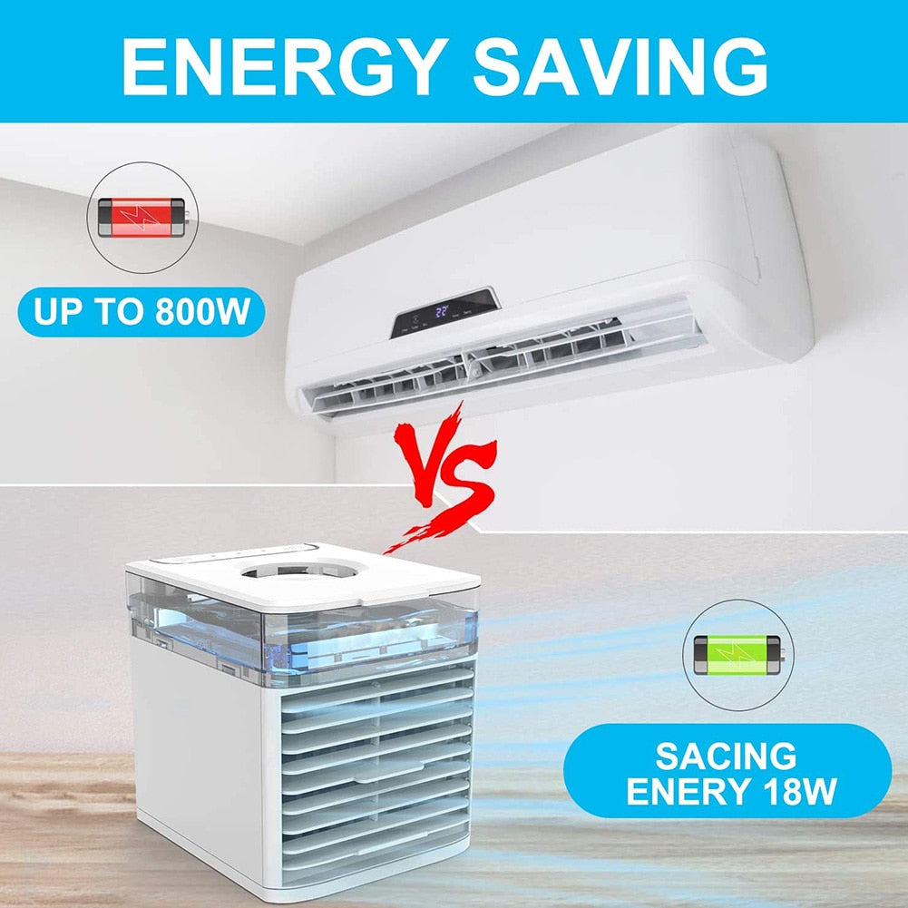 Portable mini air conditioner and cooler fan by American Smart featuring 7 colors, USB power, sterilization, and air cooling.