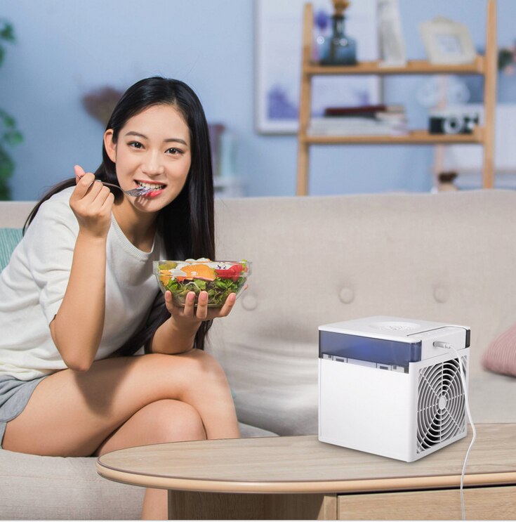 Portable mini air conditioner and cooler fan by American Smart, with 7 color light, USB powered, sterilization, and air cooling features.