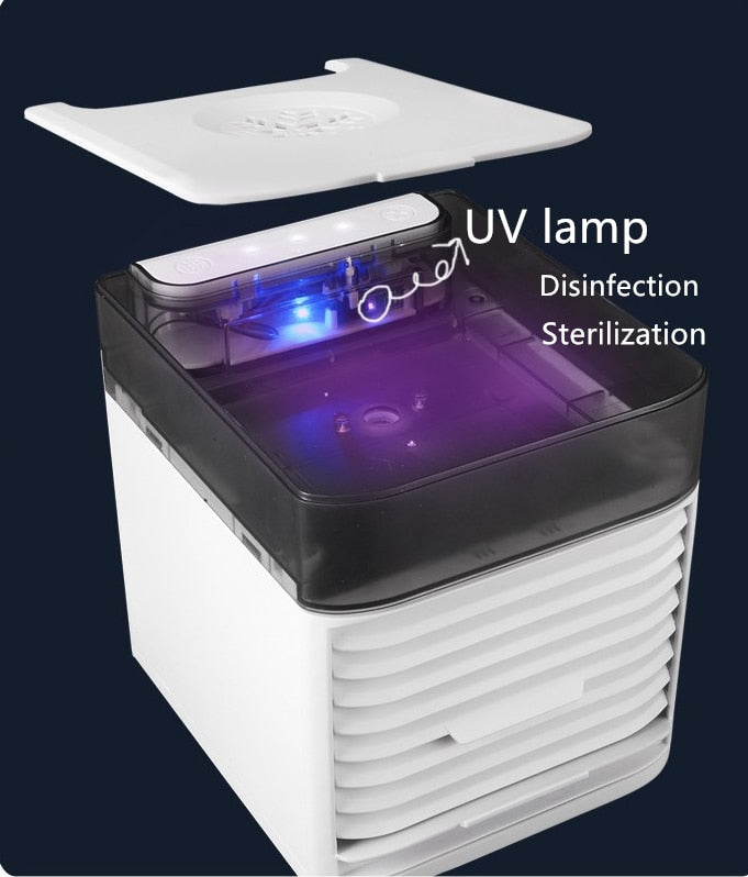 Portable American Smart EP mini air conditioner fan with 7 color lights, USB powered, sterilization, and air cooling features.
