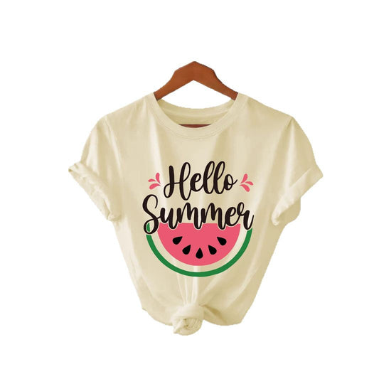 American Smart Hello Summer watermelon short-sleeved shirt featuring a vibrant watermelon print on lightweight fabric.