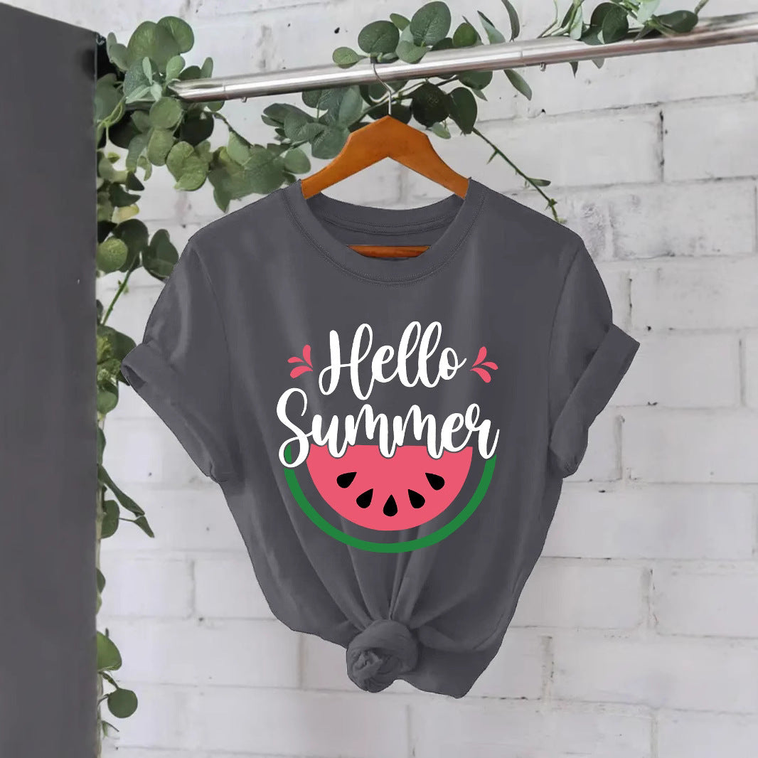 White American Smart EP Hello Summer watermelon short-sleeved shirt with colorful watermelon print and classic crew neck design.