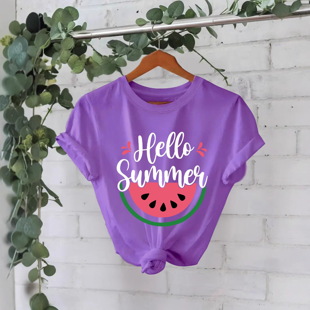 White short-sleeved watermelon shirt by American Smart EP featuring colorful summer fruit print on the front.