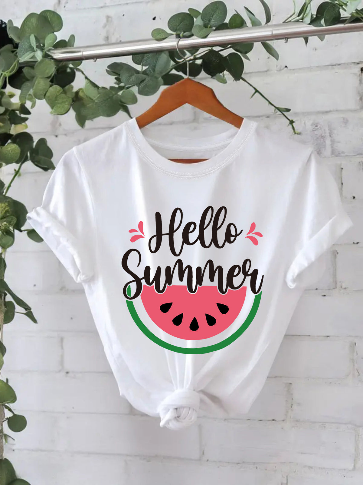 White short-sleeved shirt by American Smart EP featuring a colorful watermelon print, perfect for summer casual wear.
