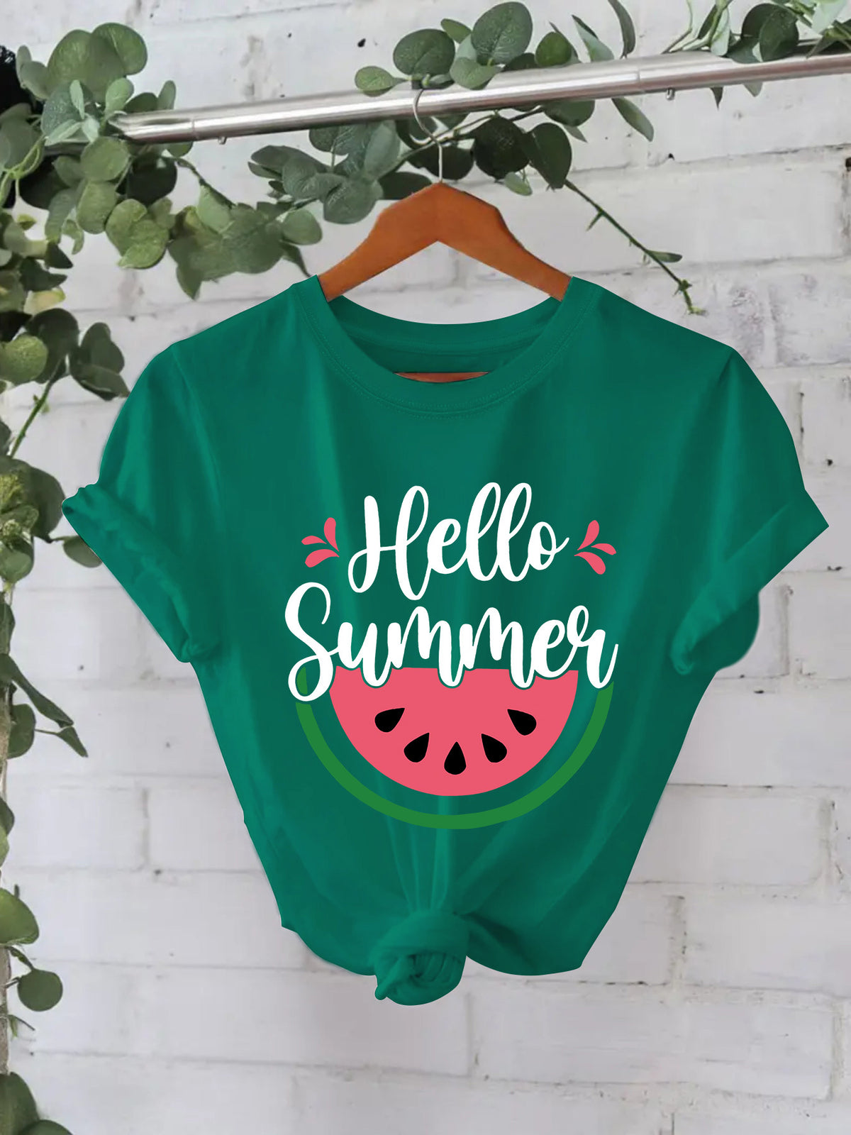 White American Smart EP Hello Summer watermelon short-sleeved shirt with colorful watermelon print on the front.