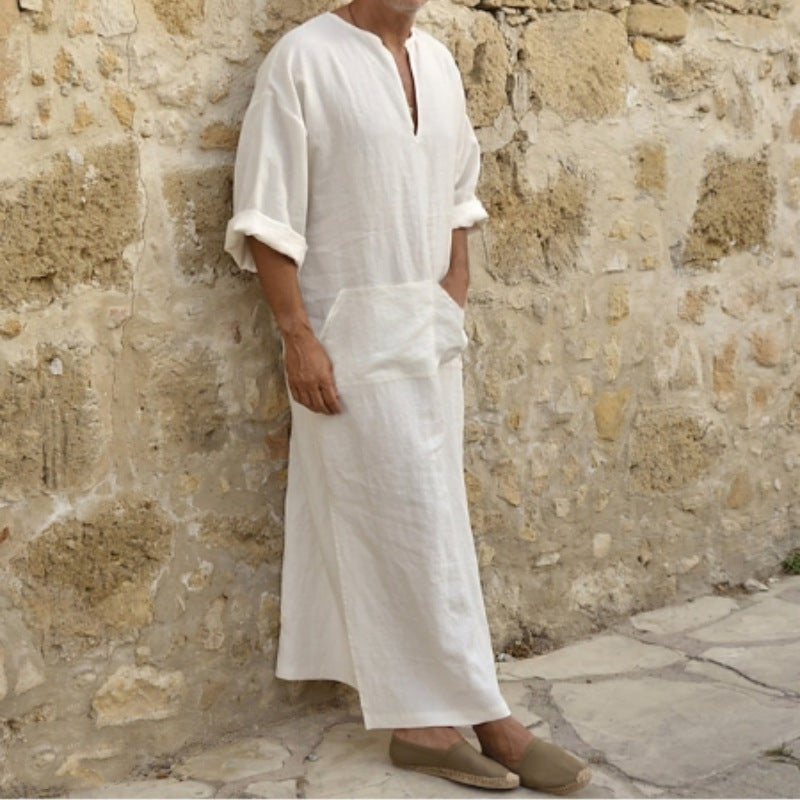 Men's loose ethnic style Middle Eastern robe with standing collar, long sleeves, door tube design, by American Smart - EP