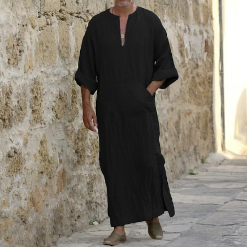 Men's ethnic style long sleeved robe with loose standing collar and door tube design, American Smart - EP Middle Eastern men's robe
