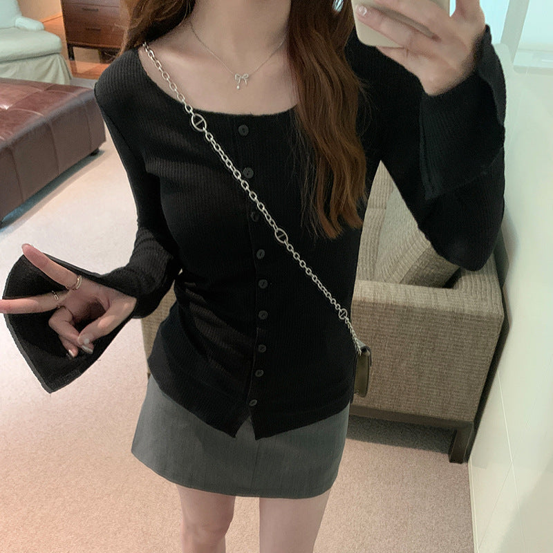 Slim Fit Bamboo Cotton Ribbed Buttoned Design Shoulder Long Sleeve T-Shirt for Women Spring New Top - American Smart