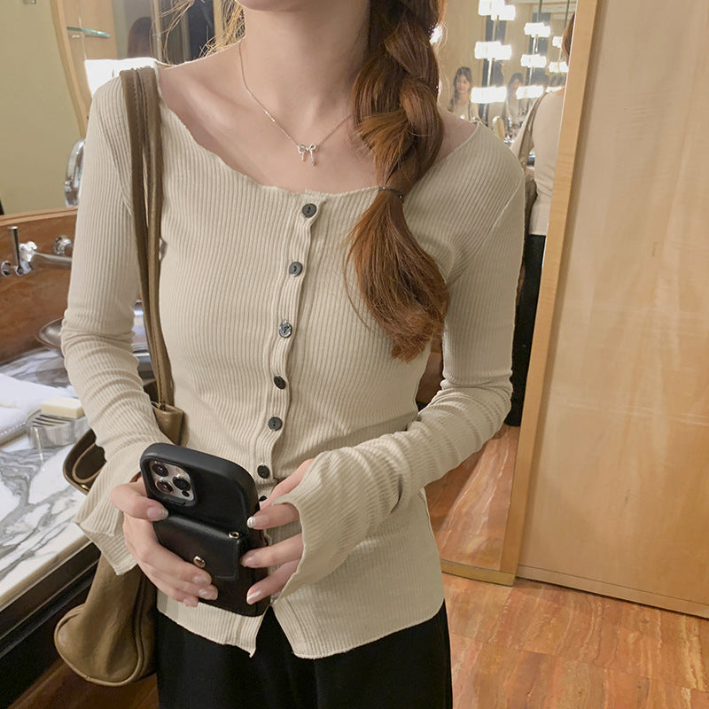 Slim Fit Bamboo Cotton Ribbed Buttoned Design Shoulder Long Sleeve T-Shirt for Women Spring New Top - American Smart