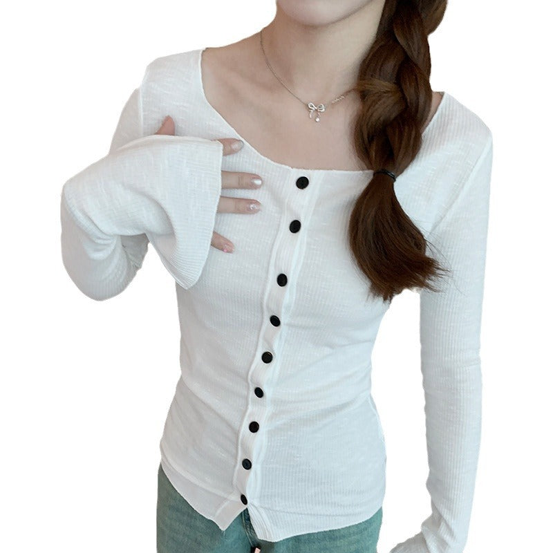 Slim Fit Bamboo Cotton Ribbed Buttoned Design Shoulder Long Sleeve T-Shirt for Women Spring New Top - American Smart