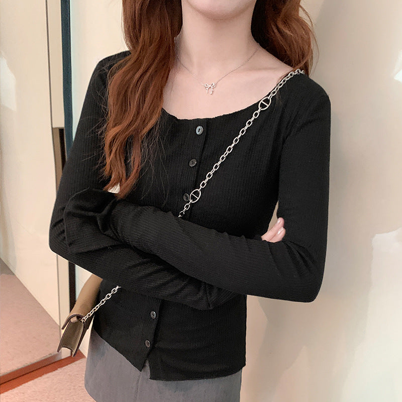 Slim Fit Bamboo Cotton Ribbed Buttoned Design Shoulder Long Sleeve T-Shirt for Women Spring New Top - American Smart